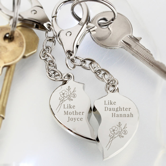 Personalised Floral Mother Daughter Two Heart Keyring