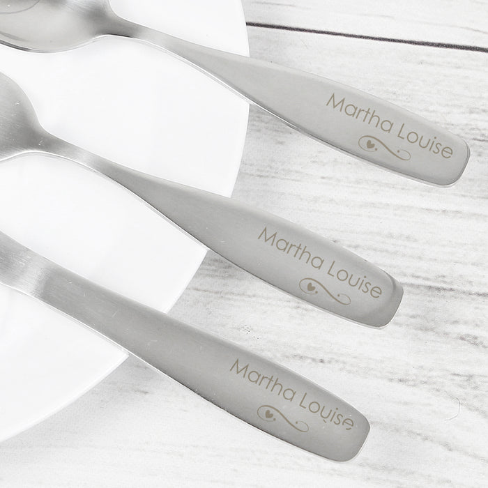 Personalised 3 Piece Swirls & Hearts Cutlery Set