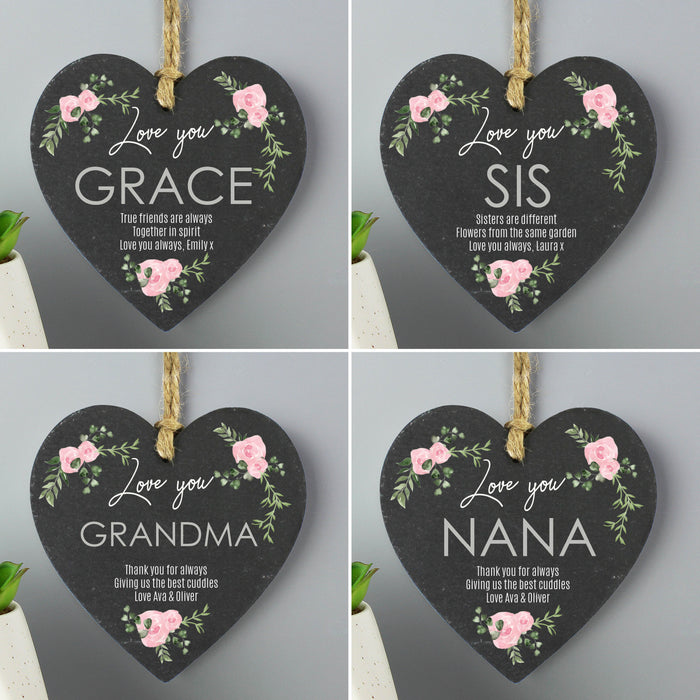 Personalised Abstract Rose Printed Slate Heart Decoration