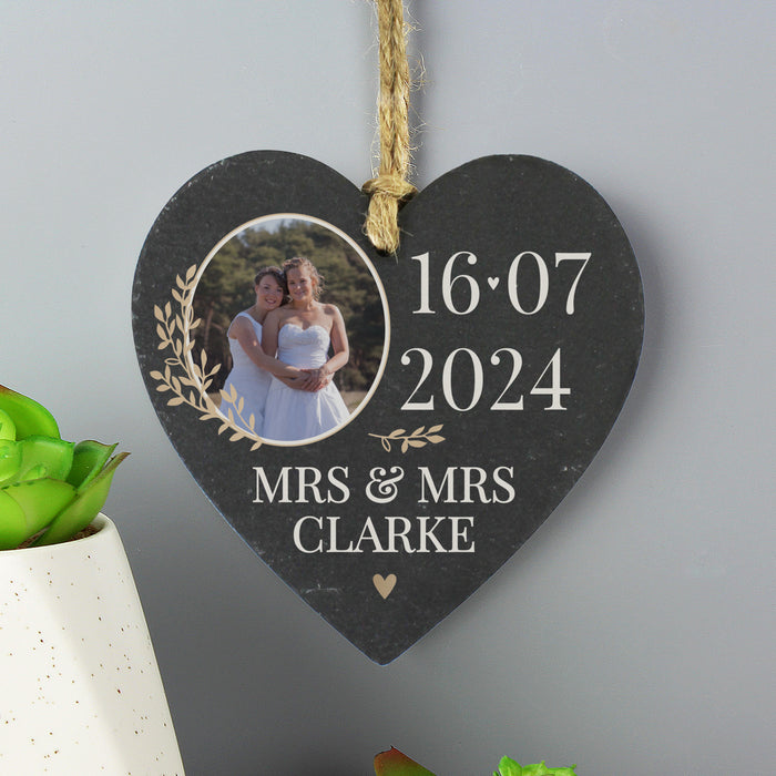 Personalised Large Date Photo Upload Slate Heart Decoration