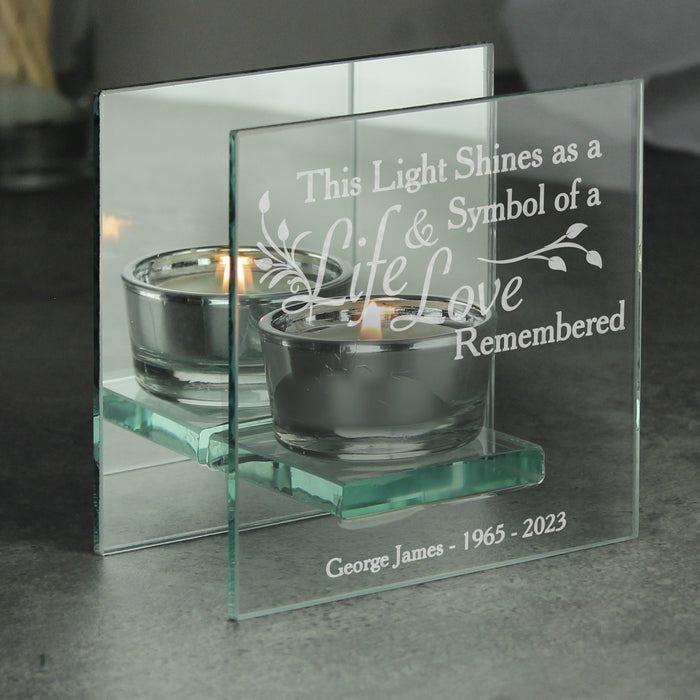 Personalised Life & Love Mirrored Glass Tea Light Candle Holder