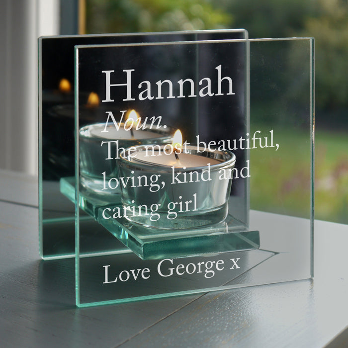 Personalised Definition Mirrored Glass Tea Light Candle Holder