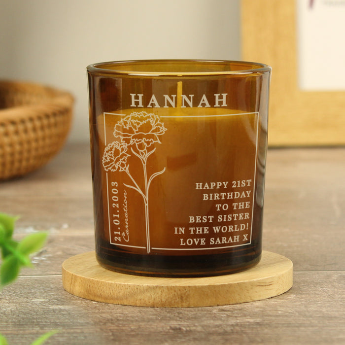 Personalised January Birth Flower Amber Glass Candle