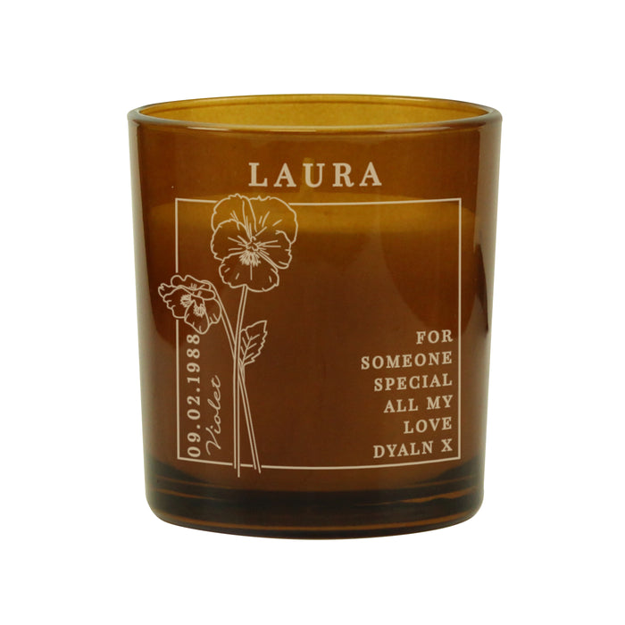 Personalised February Birth Flower Amber Glass Candle