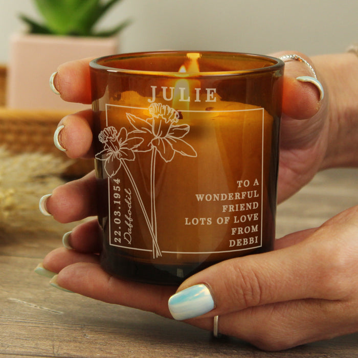 Personalised March Birth Flower Amber Glass Candle