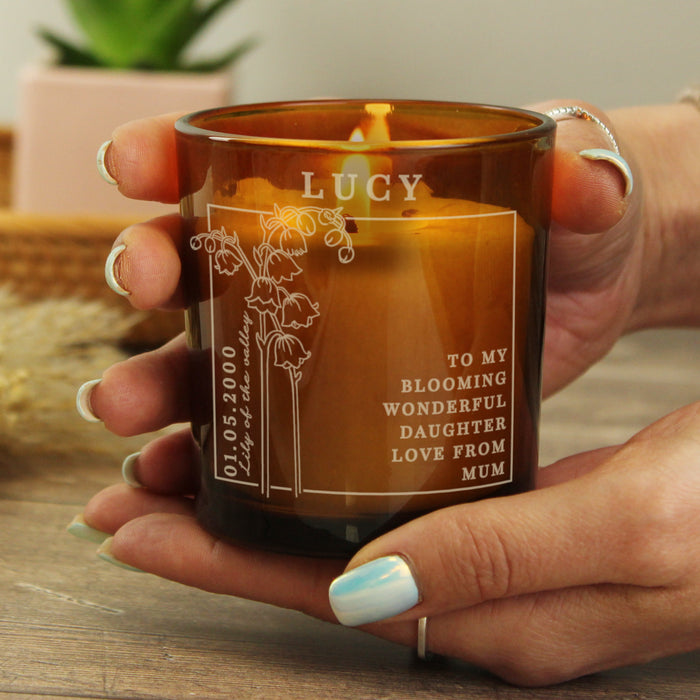 Personalised May Birth Flower Amber Glass Candle