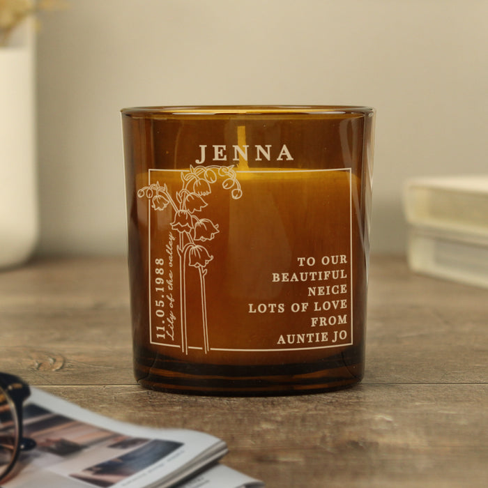 Personalised May Birth Flower Amber Glass Candle