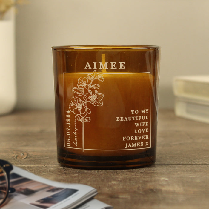 Personalised July Birth Flower Amber Glass Candle