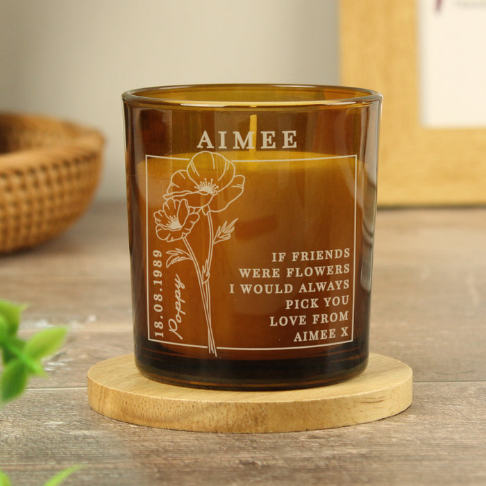 Personalised August Birth Flower Amber Glass Candle