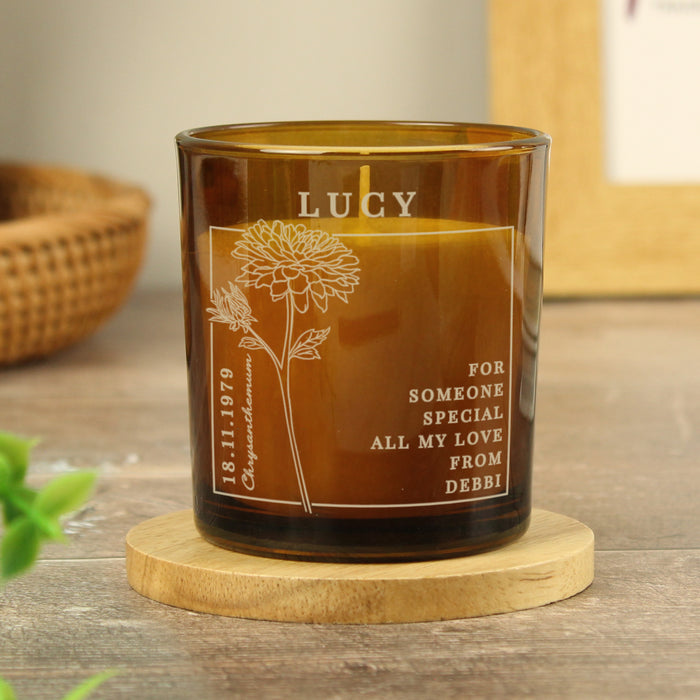 Personalised November Birth Flower Amber Glass Candle