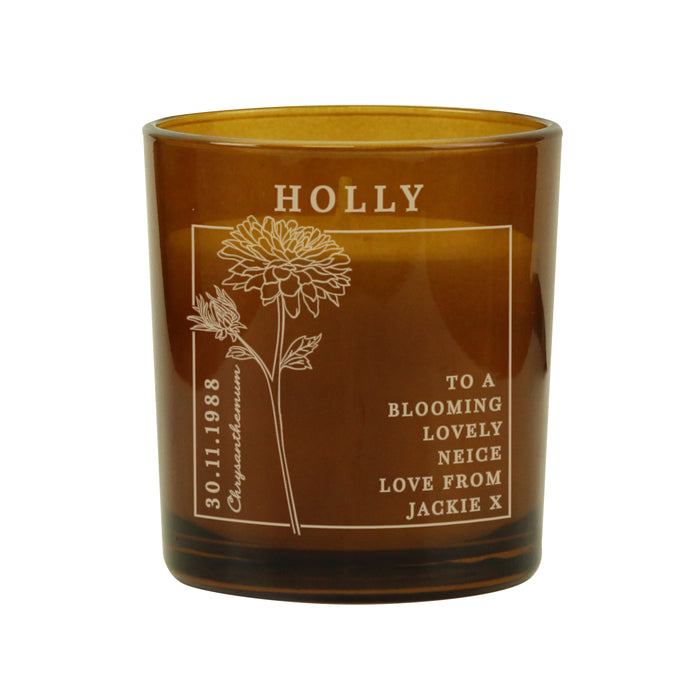 Personalised November Birth Flower Amber Glass Candle