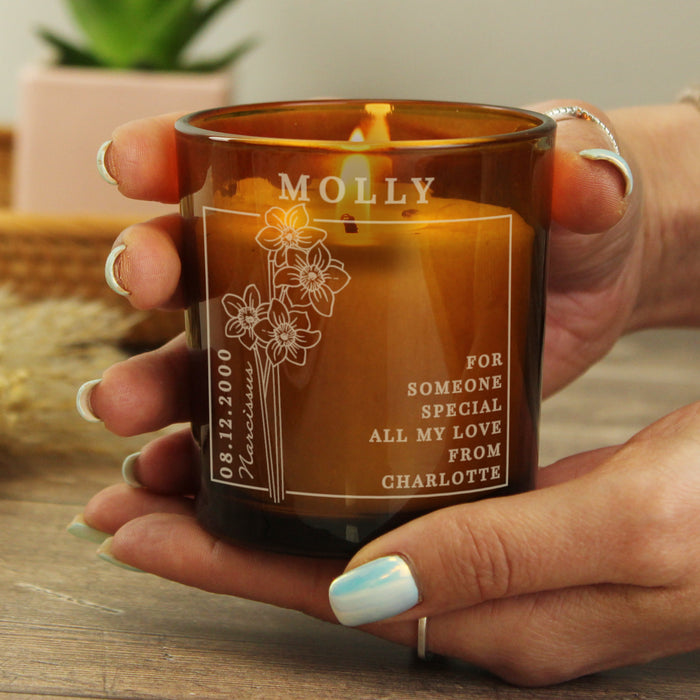 Personalised December Birth Flower Amber Glass Candle