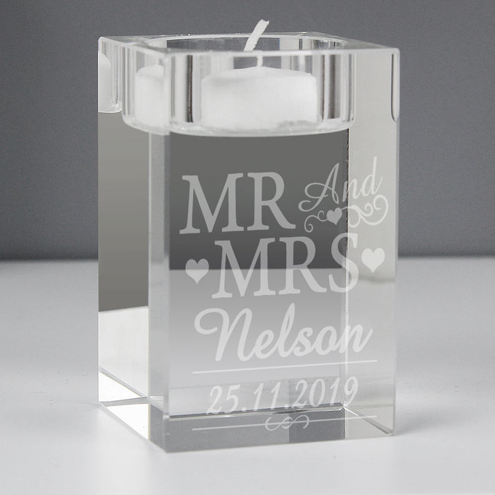 Personalised Mr & Mrs Glass Tea Light Candle Holder