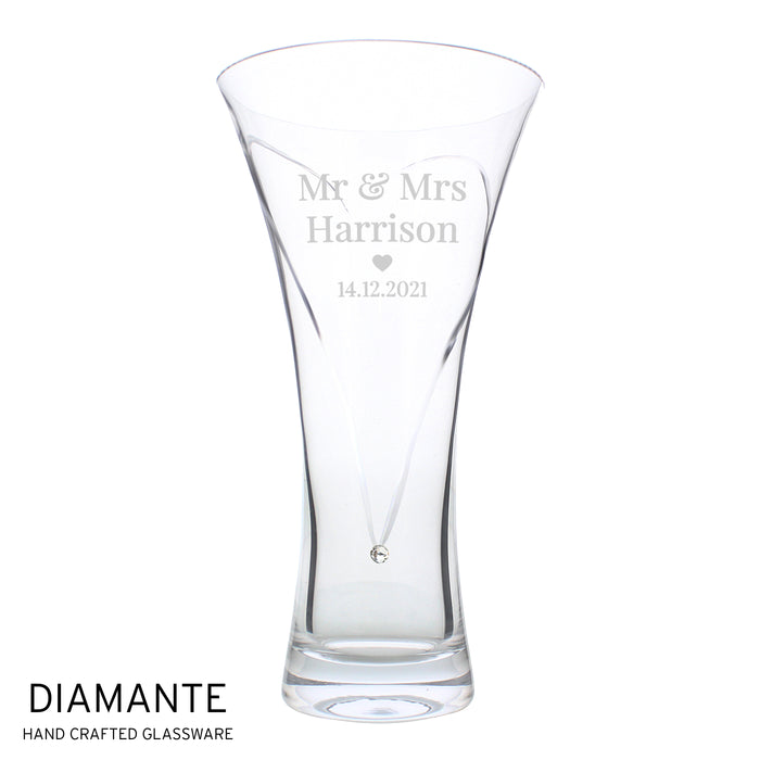 Personalised Mr & Mrs Large Hand Cut Diamante Heart Vase