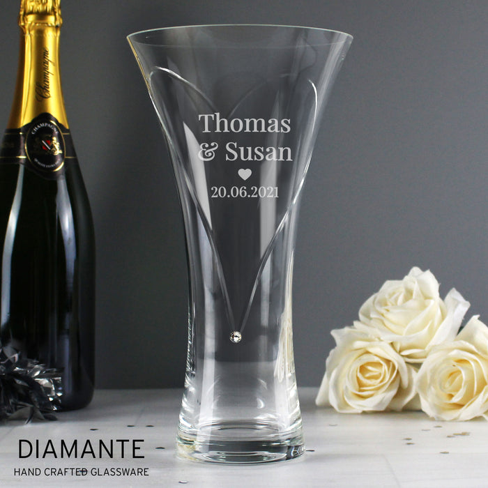 Personalised Mr & Mrs Large Hand Cut Diamante Heart Vase