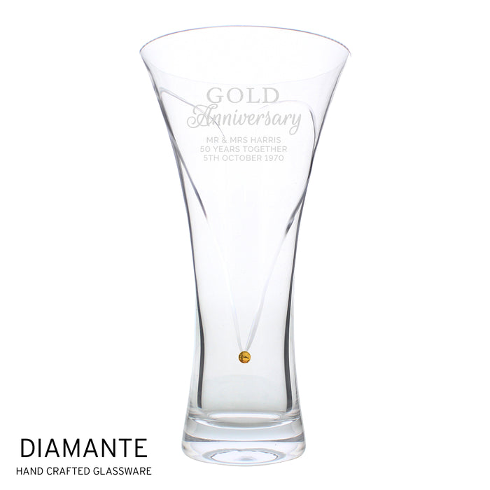 Personalised Gold Anniversary Large Hand Cut Diamante Heart Vase