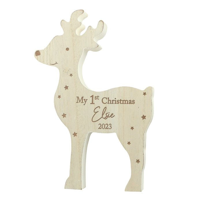 Personalised '1st Christmas' Rustic Wooden Reindeer Decoration