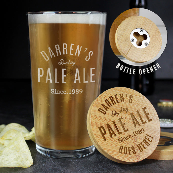 Personalised Free Text Bamboo Bottle Opener Coaster and Pint Glass