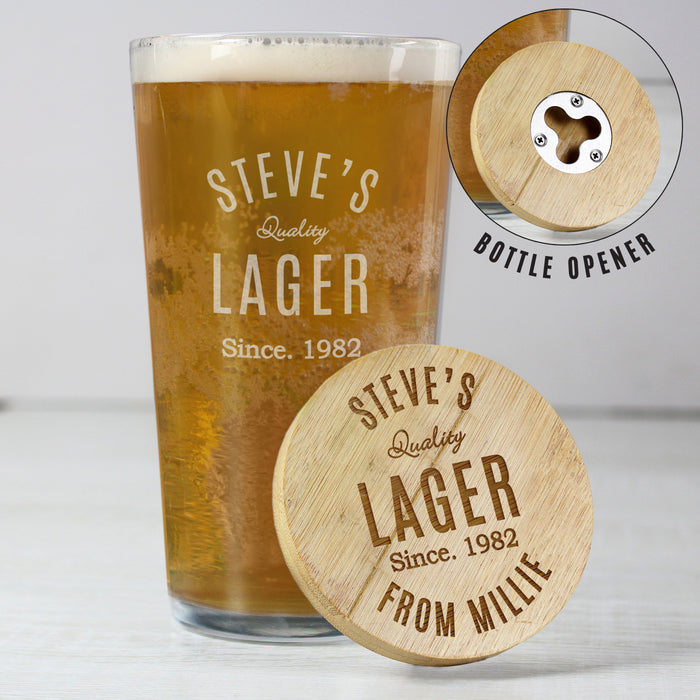 Personalised Free Text Bamboo Bottle Opener Coaster and Pint Glass