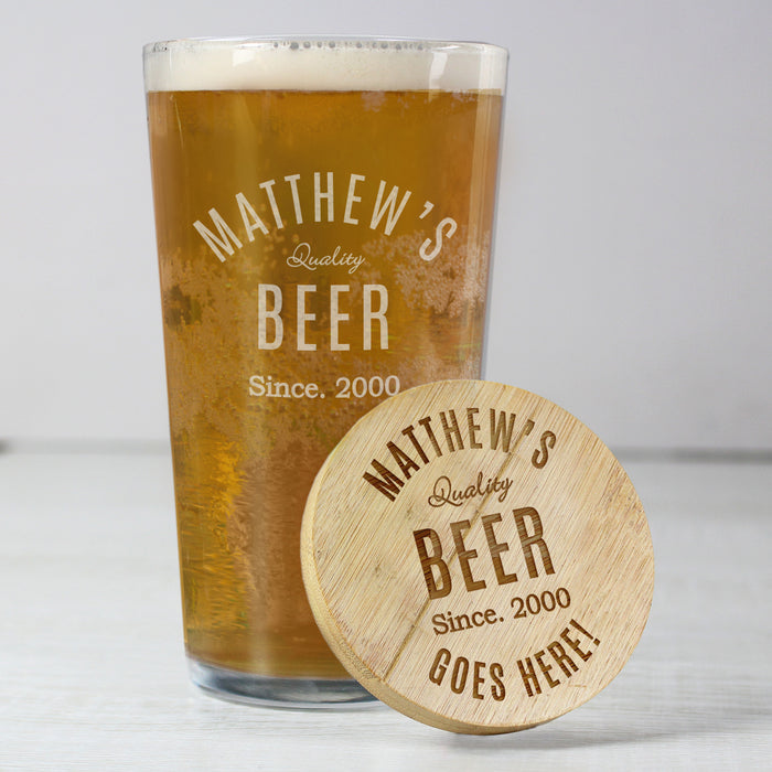 Personalised Free Text Bamboo Bottle Opener Coaster and Pint Glass