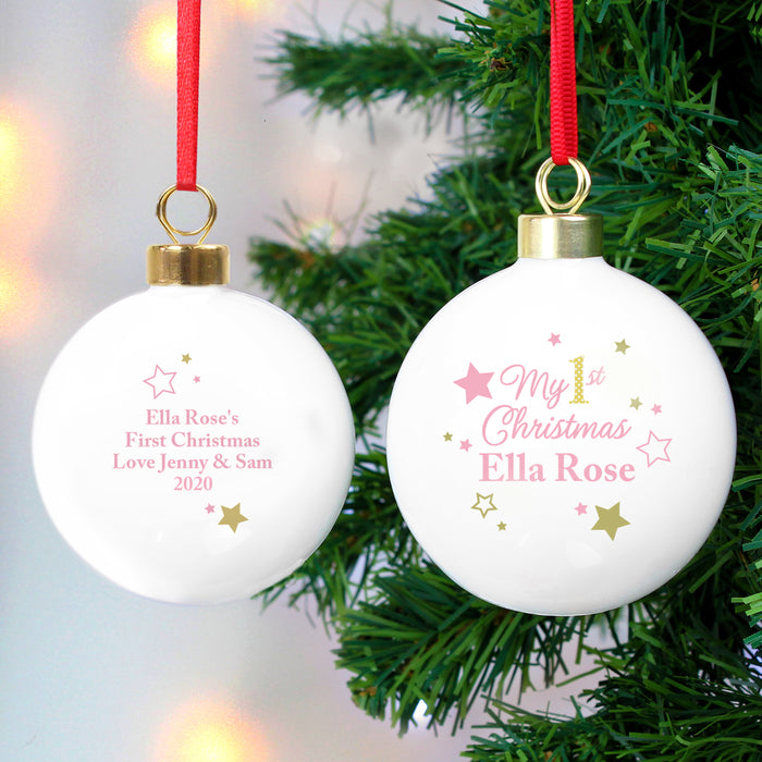 Personalised Gold & Pink Stars My 1st Christmas Bauble