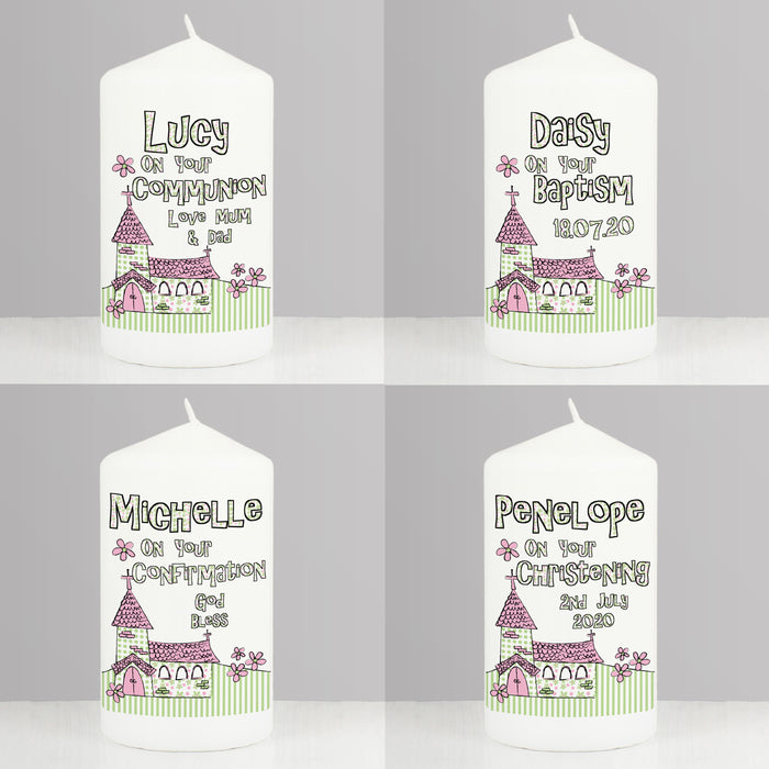 Personalised Pink Church Pillar Candle