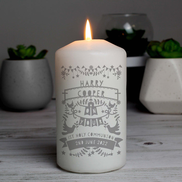 Personalised Grey Papercut Style Pillar Candle