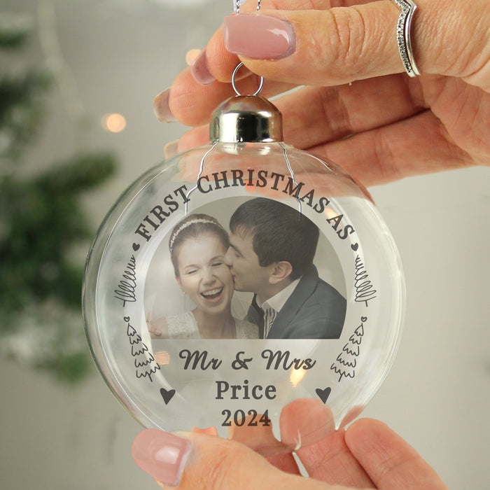 Personalised First Married Christmas Photo Upload Glass Bauble