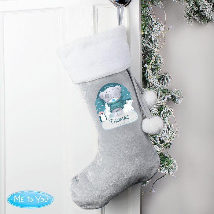 Personalised Christmas Tiny Tatty Teddy Silver Grey Stocking