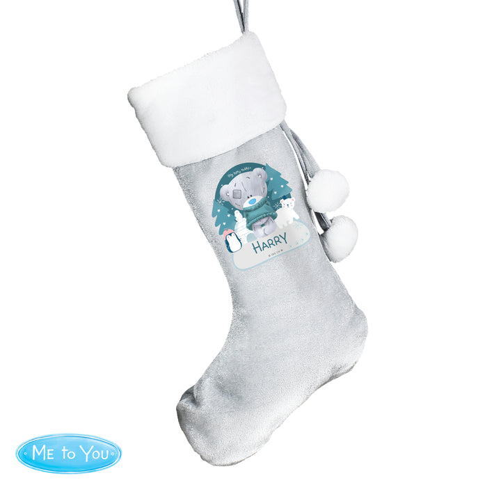 Personalised First Christmas Tiny Tatty Teddy Silver Grey Stocking - The Gift Cabin UK