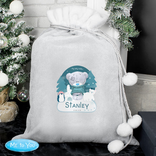 Personalised Winter Explorer Tiny Tatty Teddy Luxury Silver Grey Pom Pom Sack - The Gift Cabin UK