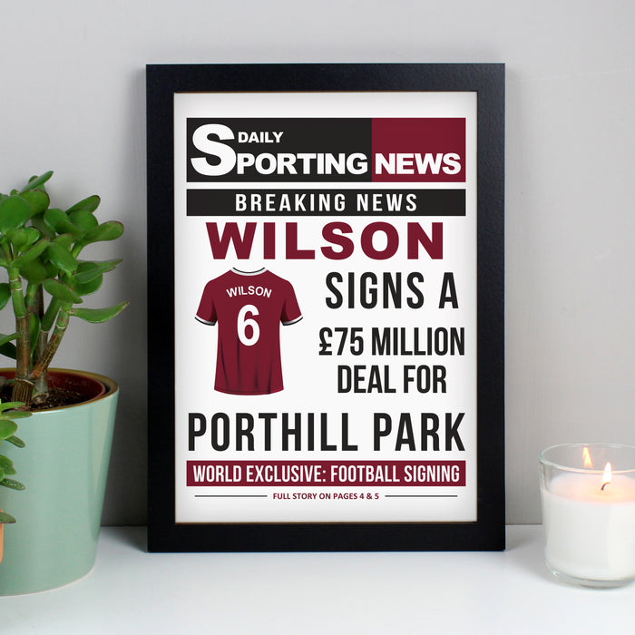 Personalised Football Signing Newspaper A4 Black Framed Print - The Gift Cabin UK