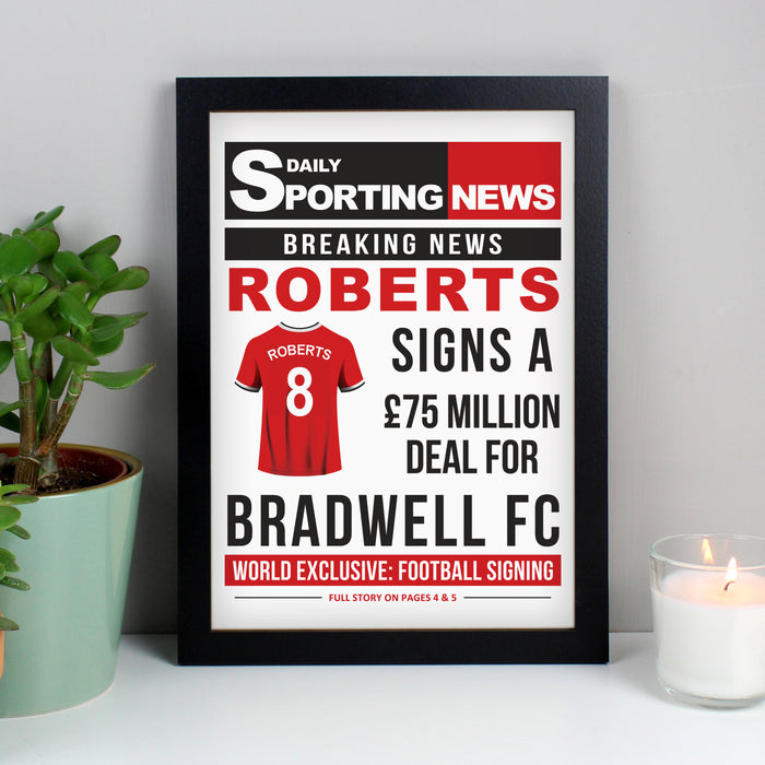 Personalised Football Signing Newspaper A4 Black Framed Print - The Gift Cabin UK