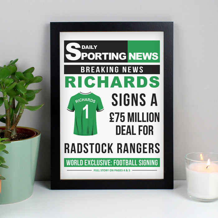 Personalised Football Signing Newspaper A4 Black Framed Print - The Gift Cabin UK