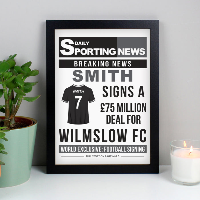 Personalised Football Signing Newspaper A4 Black Framed Print - The Gift Cabin UK