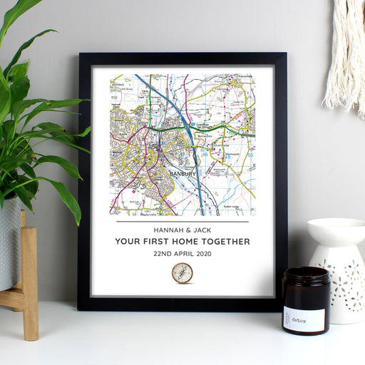 Personalised Present Day Map Compass Black Framed Print - The Gift Cabin UK