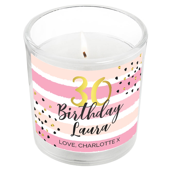 Personalised Birthday Gold and Pink Stripe Scented Jar Candle