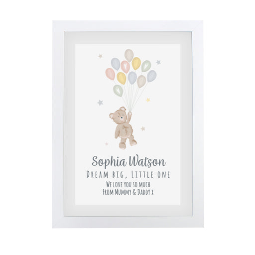 Personalised Teddy & Balloons A4 White Framed Print - The Gift Cabin UK