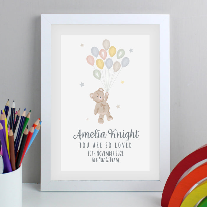 Personalised Teddy & Balloons A4 White Framed Print - The Gift Cabin UK