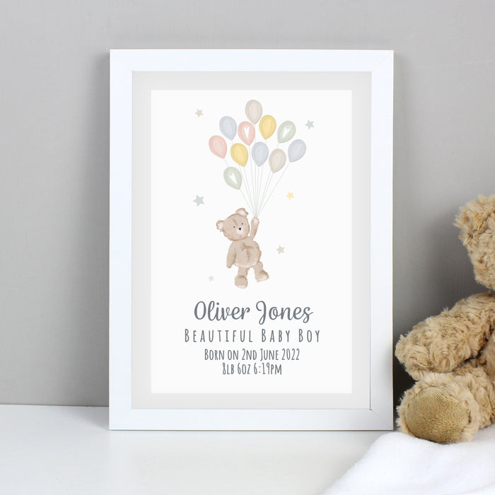 Personalised Teddy & Balloons A4 White Framed Print - The Gift Cabin UK