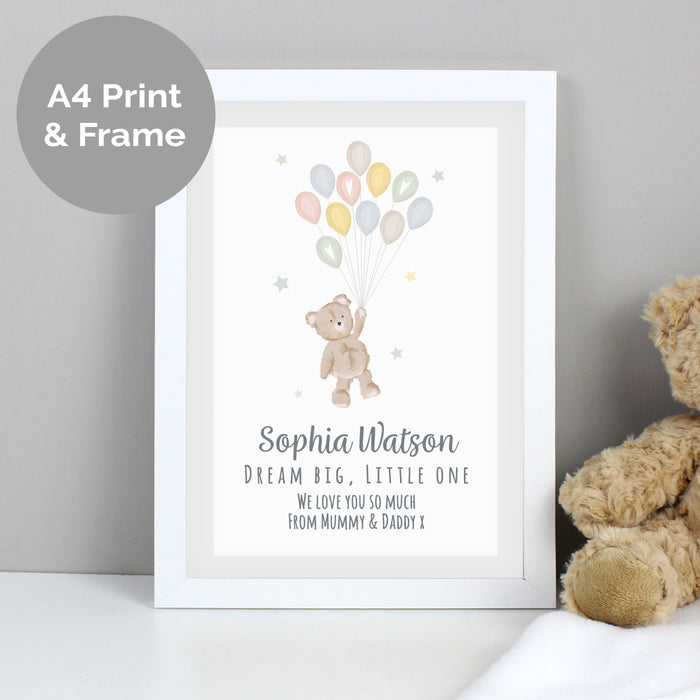 Personalised Teddy & Balloons A4 White Framed Print - The Gift Cabin UK