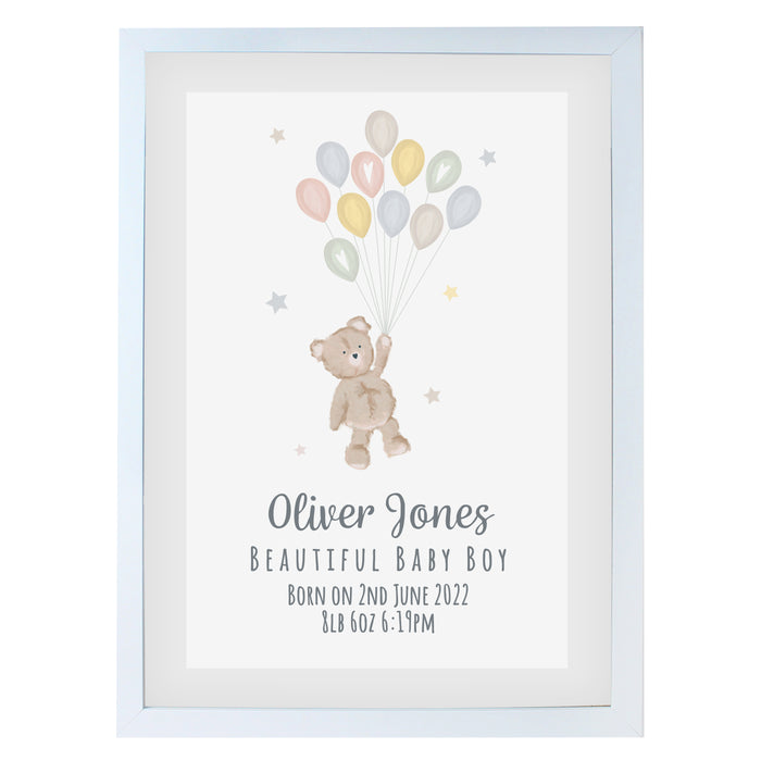 Personalised Teddy & Balloons A3 White Framed Print - The Gift Cabin UK