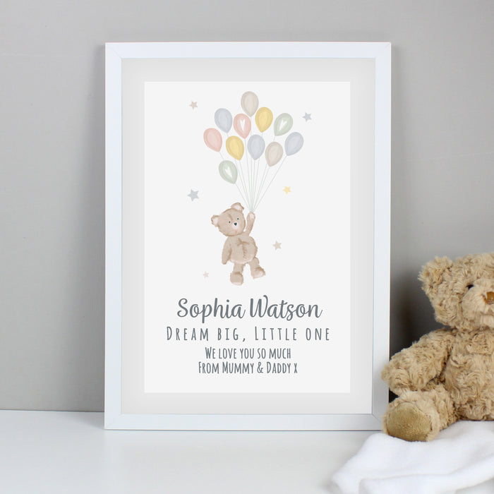 Personalised Teddy & Balloons A3 White Framed Print - The Gift Cabin UK