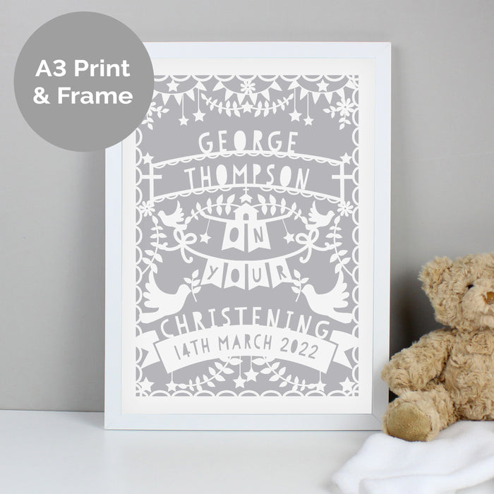 Personalised Grey Papercut Style A3 White Framed Print - The Gift Cabin UK