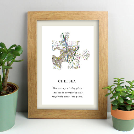 Personalised Present Day Map Puzzle Piece A4 Oak Framed Print - The Gift Cabin UK