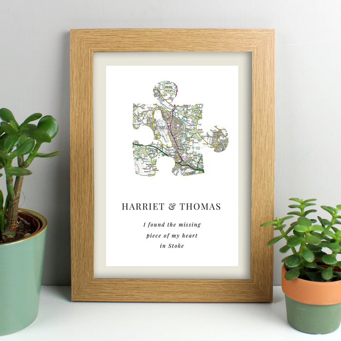 Personalised Present Day Map Puzzle Piece A4 Oak Framed Print - The Gift Cabin UK