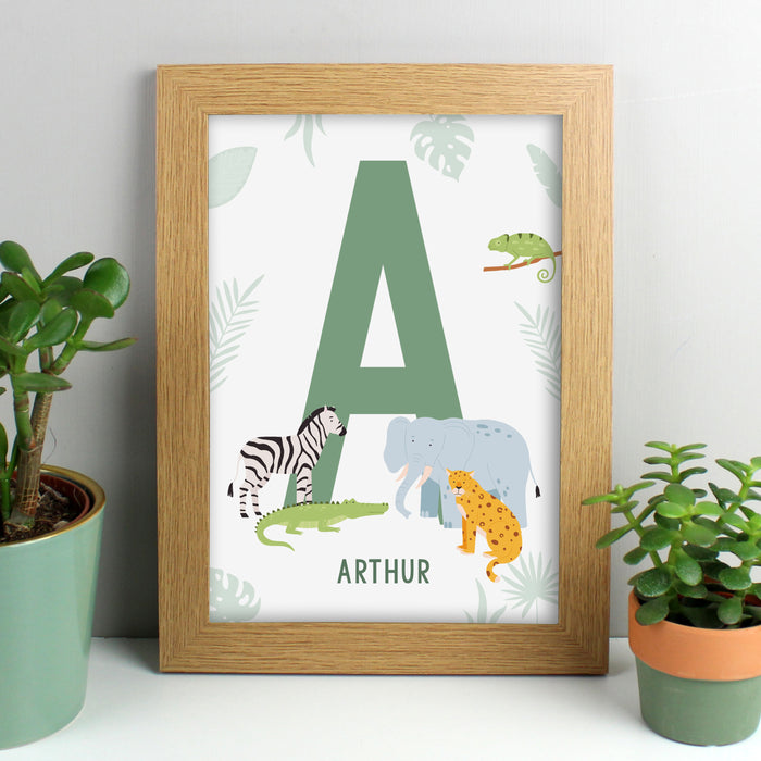 Personalised Safari Animals Initial A4 Oak Framed Print - The Gift Cabin UK