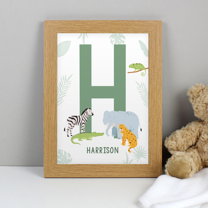 Personalised Safari Animals Initial A4 Oak Framed Print - The Gift Cabin UK