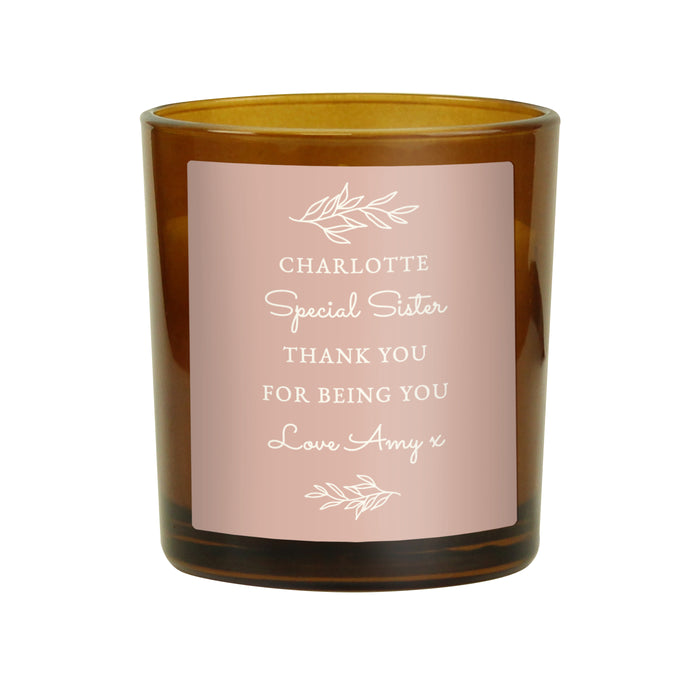 Personalised Pink Label Amber Glass Candle