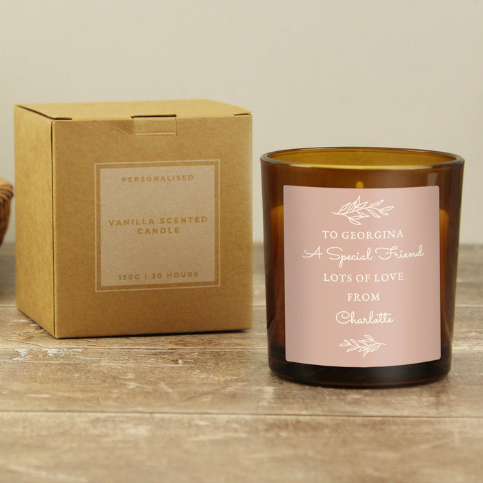 Personalised Pink Label Amber Glass Candle